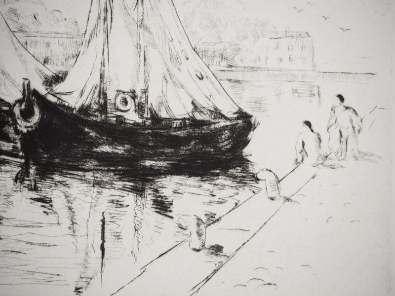 Jean-Eugène BERSIER : Bateaux sur le port, Gravure originale (photo de détail 4) - Crédit photo : Galerie Art.Paris