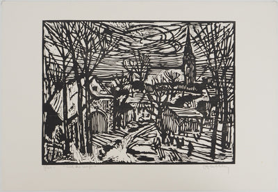 Jacques HALLEZ : Petit village français, Linogravure originale (vue générale) - Crédit photo : Galerie Art.Paris