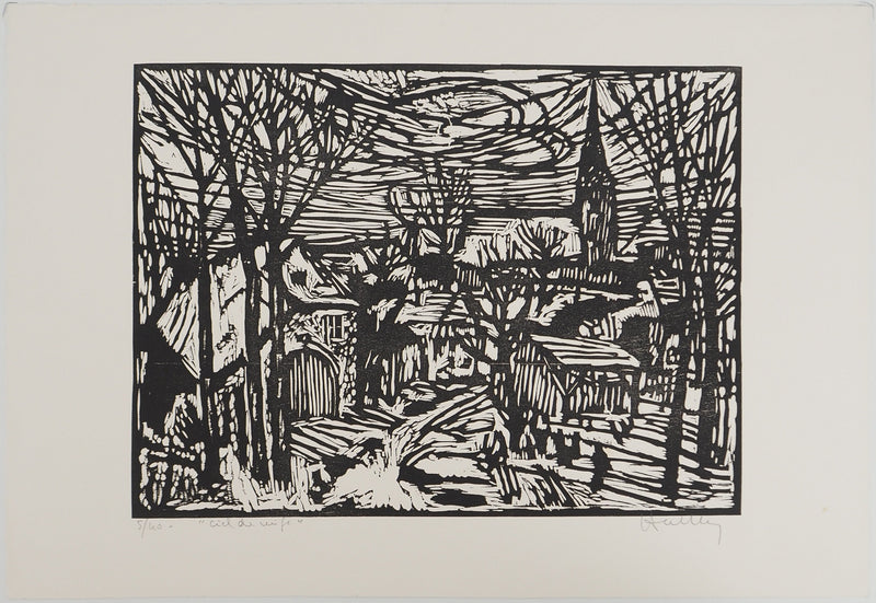 Jacques HALLEZ : Petit village français, Linogravure originale (vue générale) - Crédit photo : Galerie Art.Paris