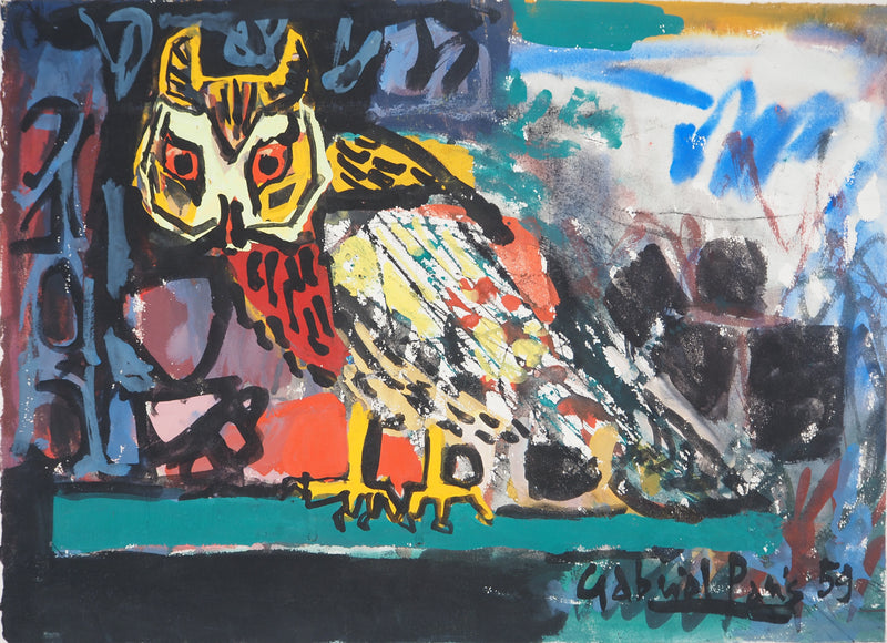Gabriel PARIS : Hibou aux yeux rouges, Gouache originale (vue générale) - Crédit photo : Galerie Art.Paris