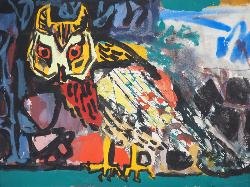 Gabriel PARIS : Hibou aux yeux rouges, Gouache originale (photo de détail 2) - Crédit photo : Galerie Art.Paris