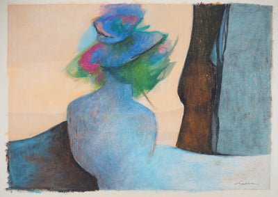 Claude GAVEAU : Composition bleue et rose, Dessin original (vue générale) - Crédit photo : Galerie Art.Paris