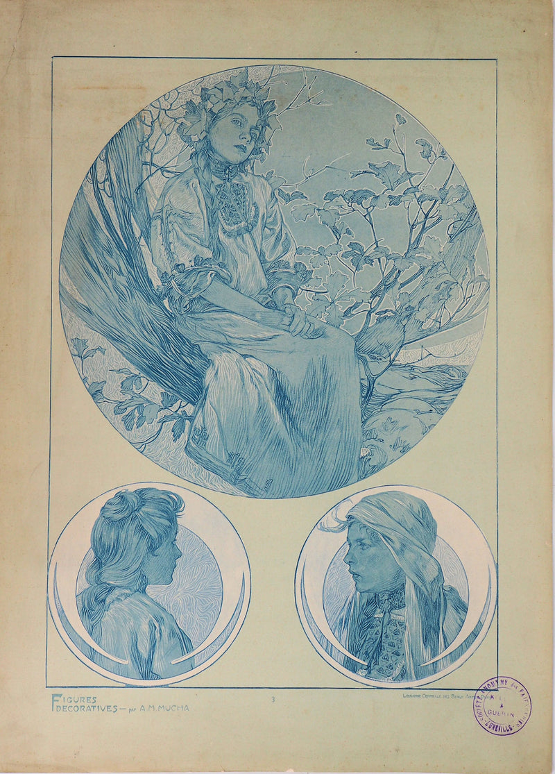 Alphonse MUCHA : Jeune fille à la couronne de fleurs, Lithographie originale