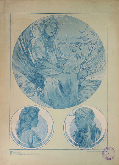 Alphonse MUCHA : Jeune fille à la couronne de fleurs, Lithographie originale