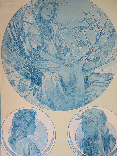 Alphonse MUCHA : Jeune fille à la couronne de fleurs, Lithographie originale