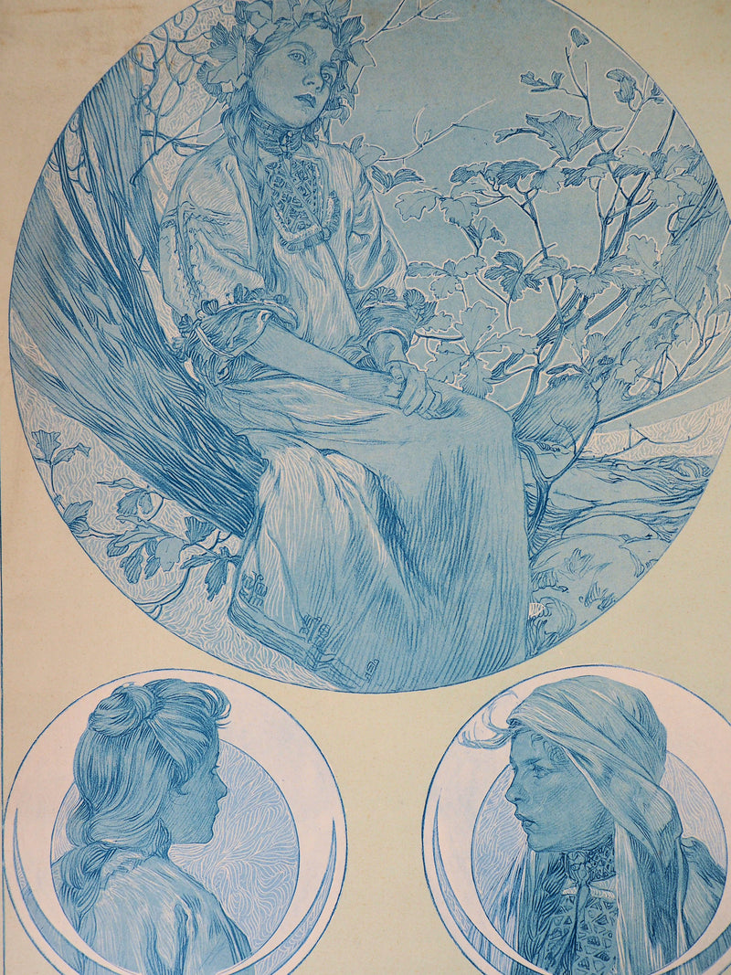 Alphonse MUCHA : Jeune fille à la couronne de fleurs, Lithographie originale