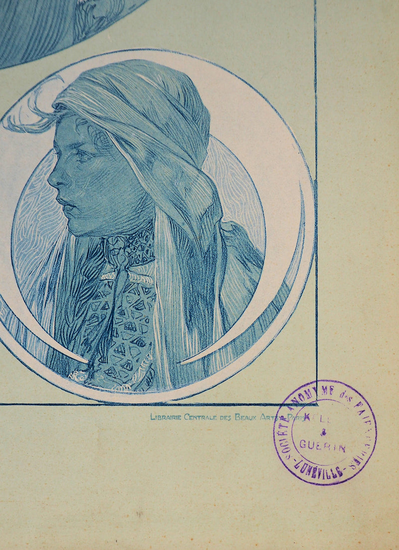 Alphonse MUCHA : Jeune fille à la couronne de fleurs, Lithographie originale