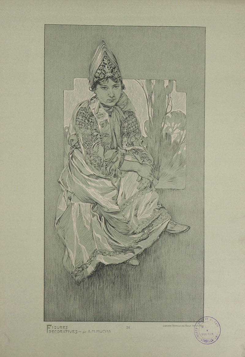 Alphonse MUCHA : Portrait à la couronne, Lithographie originale