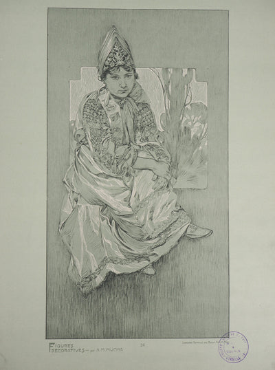 Alphonse MUCHA : Portrait à la couronne, Lithographie originale