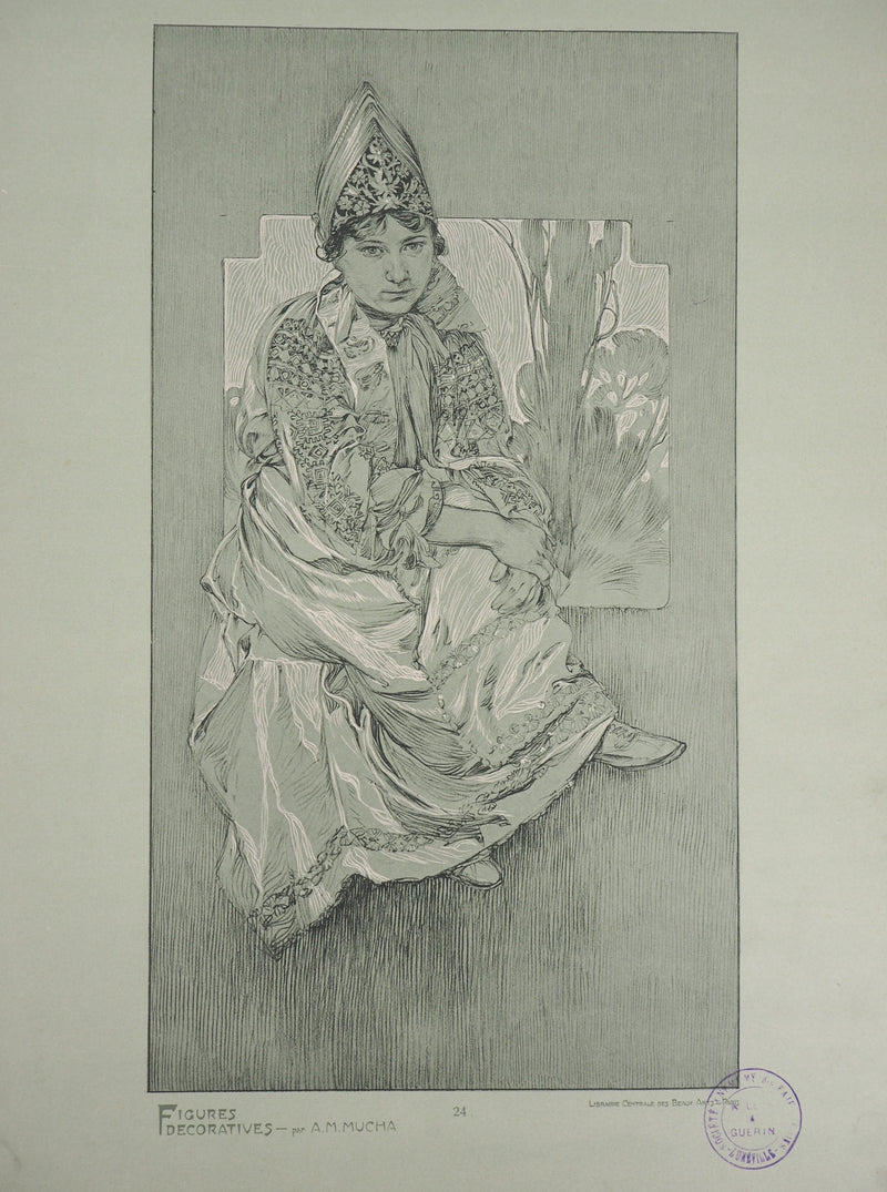 Alphonse MUCHA : Portrait à la couronne, Lithographie originale