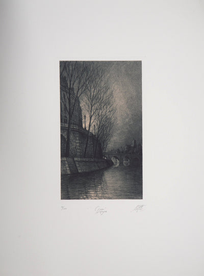 Jean Michel MATHIEUX-MARIE : Quai d'Anjou, vue sur le pont, Gravure originale signée