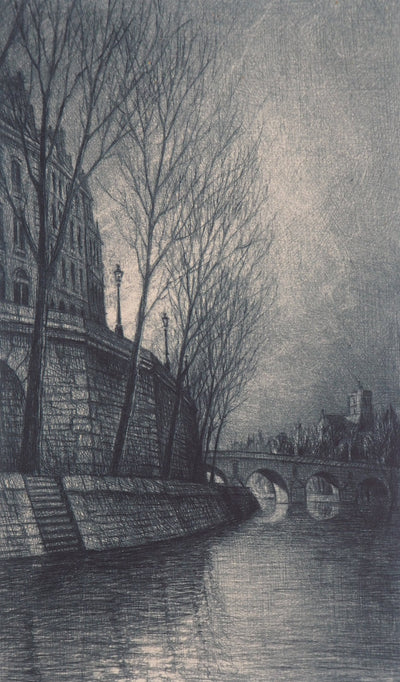 Jean Michel MATHIEUX-MARIE : Quai d'Anjou, vue sur le pont, Gravure originale signée