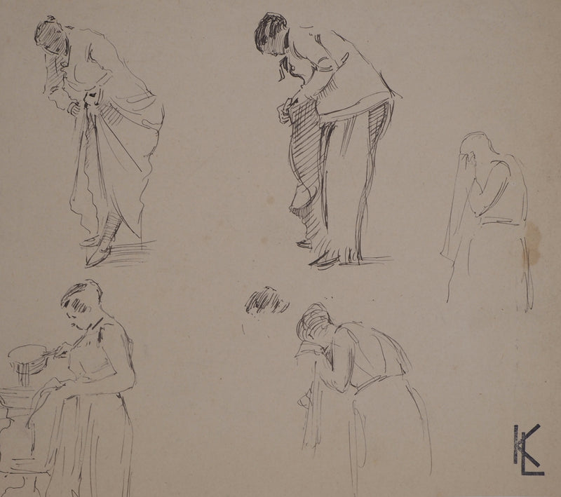 Léopold Franz KOWALSKI : Étude et variations de positions, femme, c, Dessin original (photo de détail 2) - Crédit photo : Galerie Art.Paris