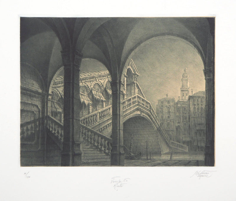 Jean Michel MATHIEUX-MARIE : Venise, Pont du Rialto, Gravure originale signée
