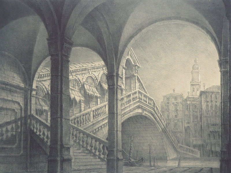 Jean Michel MATHIEUX-MARIE : Venise, Pont du Rialto, Gravure originale signée