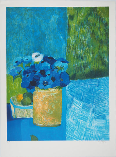 Guy BARDONE : Bouquet de fleurs bleues, Lithographie originale (vue générale) - Crédit photo : Galerie Art.Paris