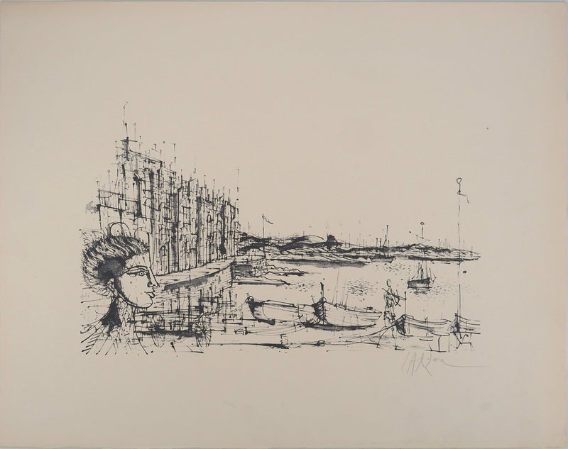 Jean CARZOU : Vue sur le port, Lithographie originale (vue générale) - Crédit photo : Galerie Art.Paris