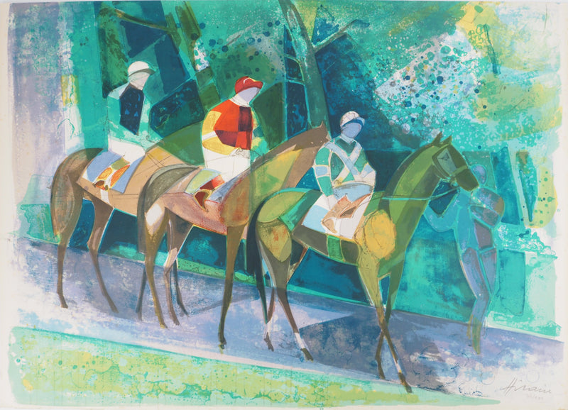 Camille HILAIRE : Normandie, Jockeys en promenade, Lithographie originale signée