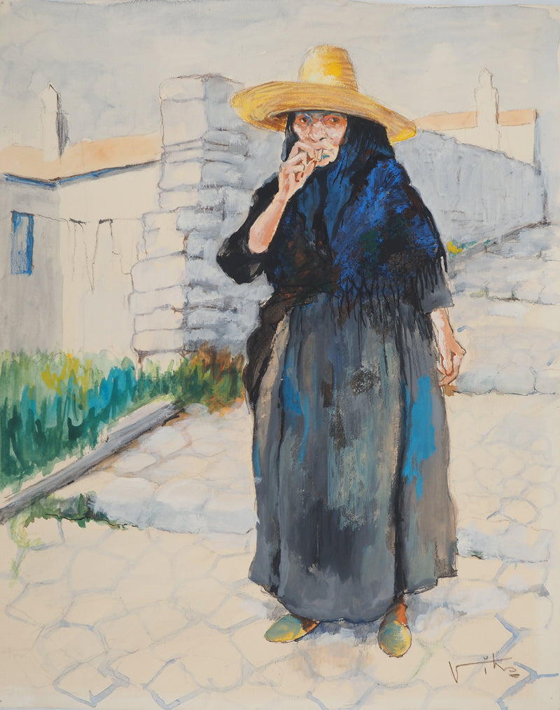 Victor VIKO : Ibiza, Vieille femme fumant, Aquarelle originale (vue générale) - Crédit photo : Galerie Art.Paris