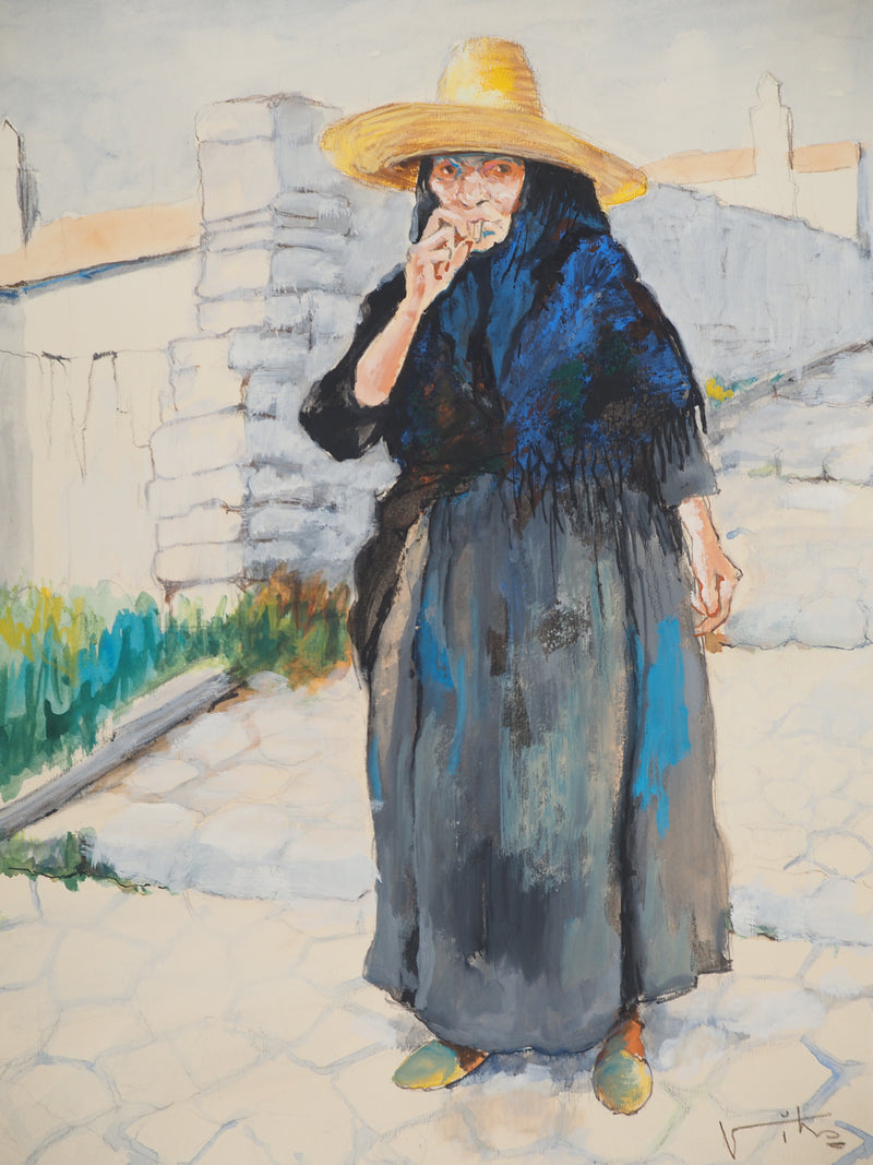 Victor VIKO : Ibiza, Vieille femme fumant, Aquarelle originale (photo de détail 3) - Crédit photo : Galerie Art.Paris