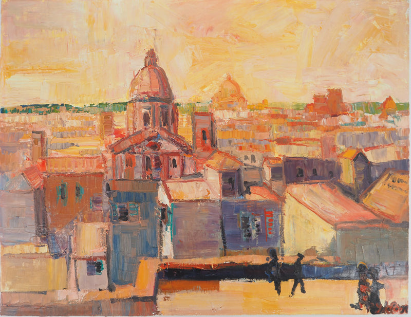 Pierre-Yves LELARGE : Vue sur Rome au coucher du Soleil, Huile sur toile signée