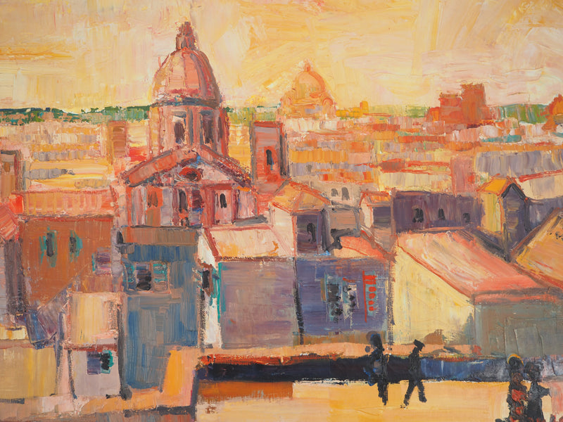 Pierre-Yves LELARGE : Vue sur Rome au coucher du Soleil, Huile sur toile signée