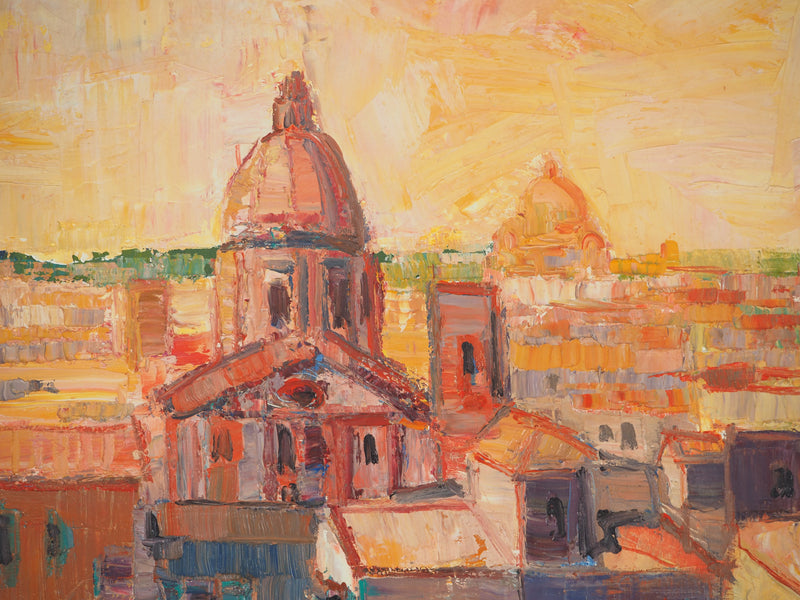 Pierre-Yves LELARGE : Vue sur Rome au coucher du Soleil, Huile sur toile signée