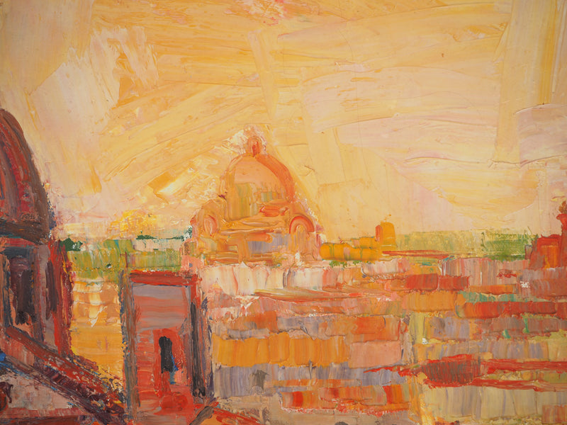 Pierre-Yves LELARGE : Vue sur Rome au coucher du Soleil, Huile sur toile signée