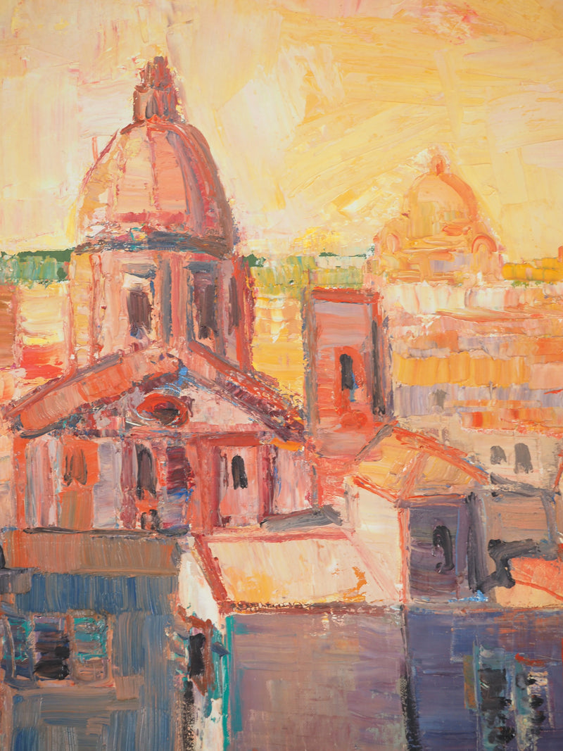 Pierre-Yves LELARGE : Vue sur Rome au coucher du Soleil, Huile sur toile signée