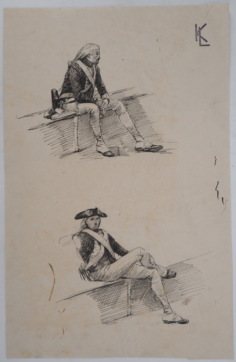 Léopold Franz KOWALSKI : Deux soldats assis, c, Dessin original (vue générale) - Crédit photo : Galerie Art.Paris