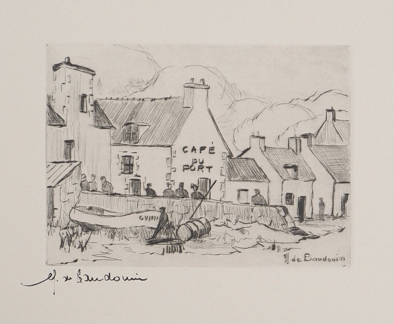 Erling Longva VALTYRSON : Le café du port, Gravure originale (vue générale) - Crédit photo : Galerie Art.Paris