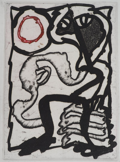 Pierre ALECHINSKY : Composition au cercle rouge, Gravure originale (vue générale) - Crédit photo : Galerie Art.Paris