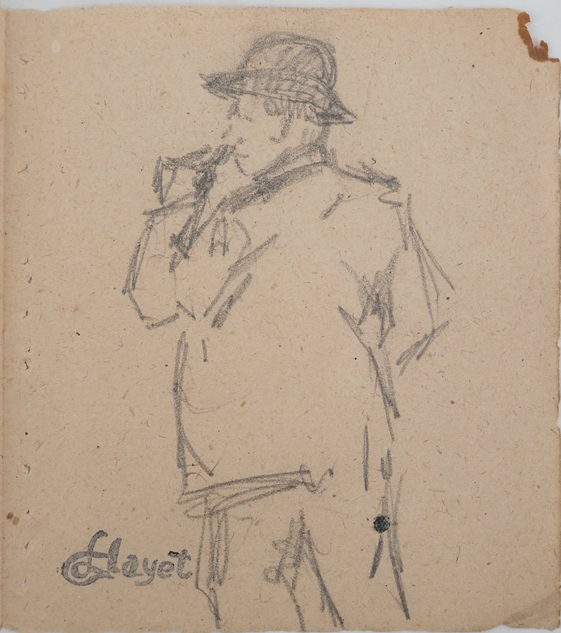 Louis HAYET : Homme fumant la pipe, Dessin original (vue générale) - Crédit photo : Galerie Art.Paris