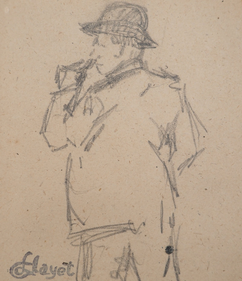Louis HAYET : Homme fumant la pipe, Dessin original (photo de détail 3) - Crédit photo : Galerie Art.Paris