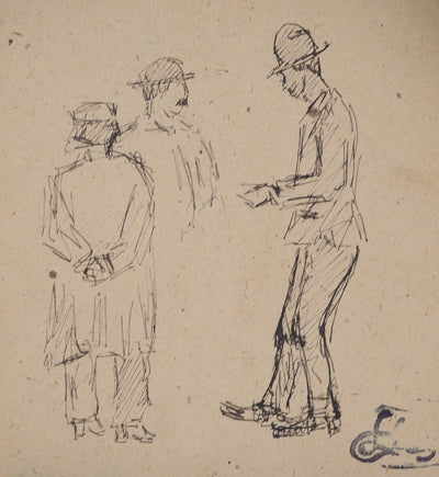 Louis HAYET : Les hommes aux chapeaux, Dessin original (photo de détail 3) - Crédit photo : Galerie Art.Paris