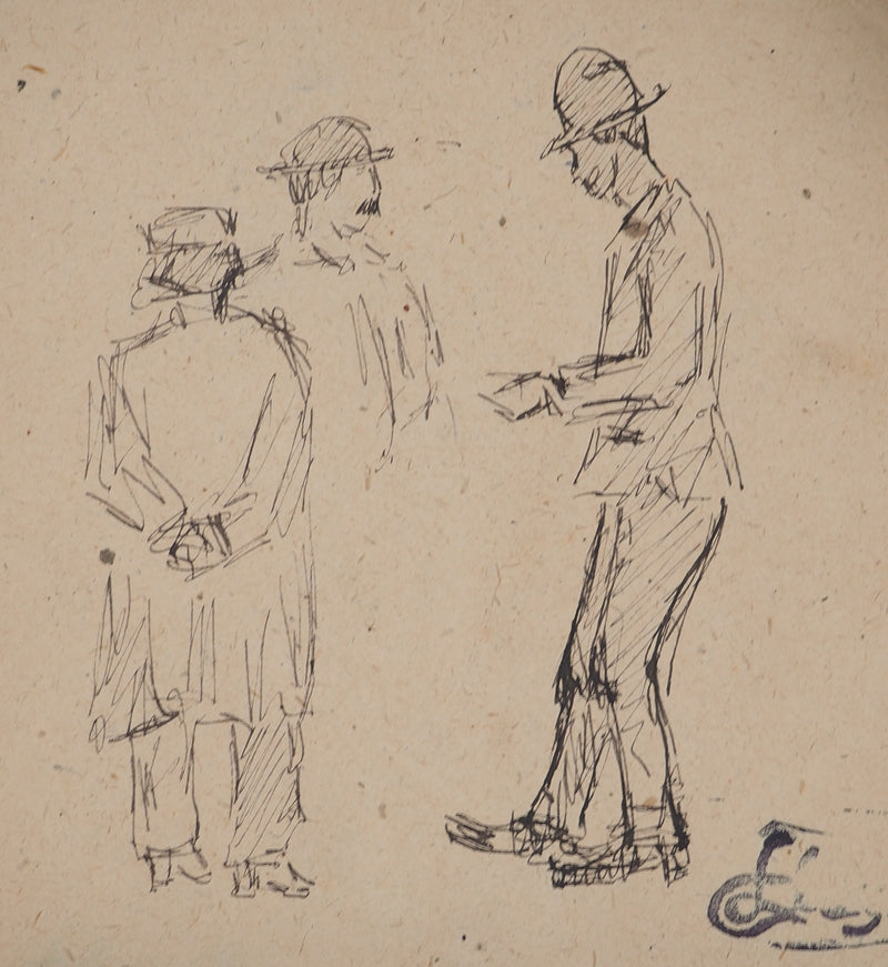 Louis HAYET : Les hommes aux chapeaux, Dessin original (photo de détail 3) - Crédit photo : Galerie Art.Paris
