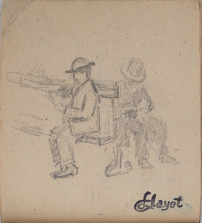 Louis HAYET : Hommes lisant sur un banc, Dessin original (vue générale) - Crédit photo : Galerie Art.Paris