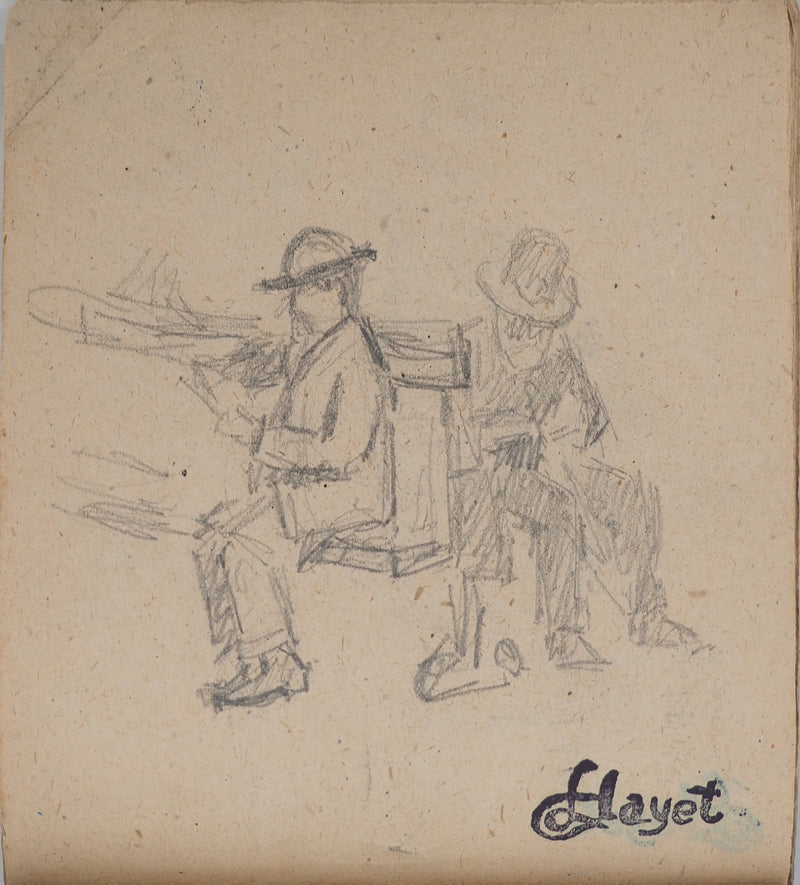 Louis HAYET : Hommes lisant sur un banc, Dessin original (vue générale) - Crédit photo : Galerie Art.Paris