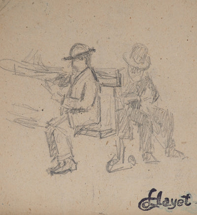 Louis HAYET : Hommes lisant sur un banc, Dessin original (photo de détail 3) - Crédit photo : Galerie Art.Paris