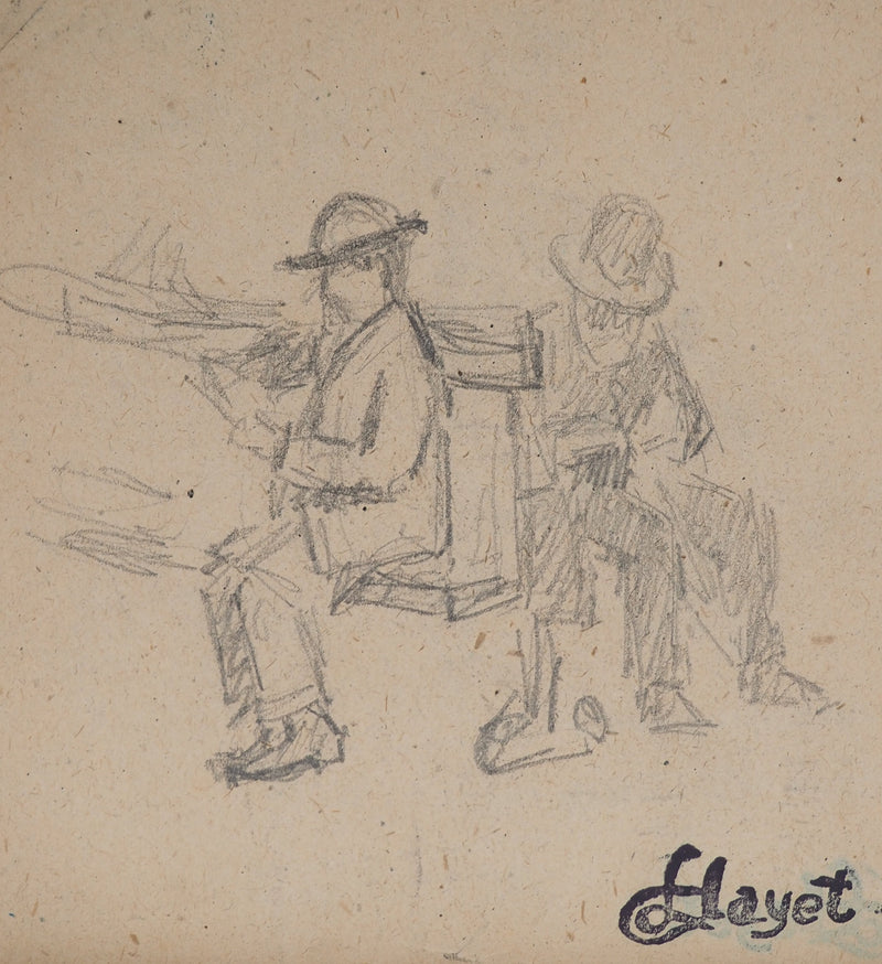 Louis HAYET : Hommes lisant sur un banc, Dessin original (photo de détail 3) - Crédit photo : Galerie Art.Paris
