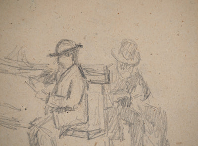Louis HAYET : Hommes lisant sur un banc, Dessin original (photo de détail 4) - Crédit photo : Galerie Art.Paris