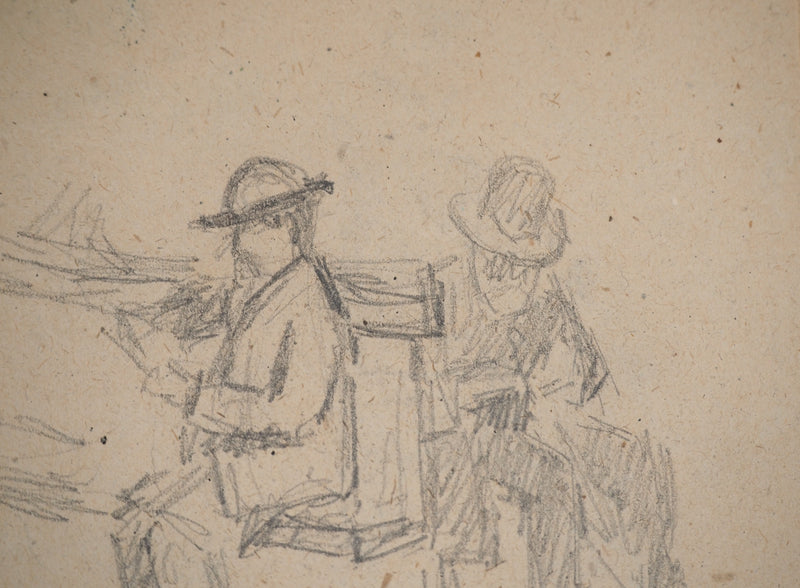Louis HAYET : Hommes lisant sur un banc, Dessin original (photo de détail 4) - Crédit photo : Galerie Art.Paris