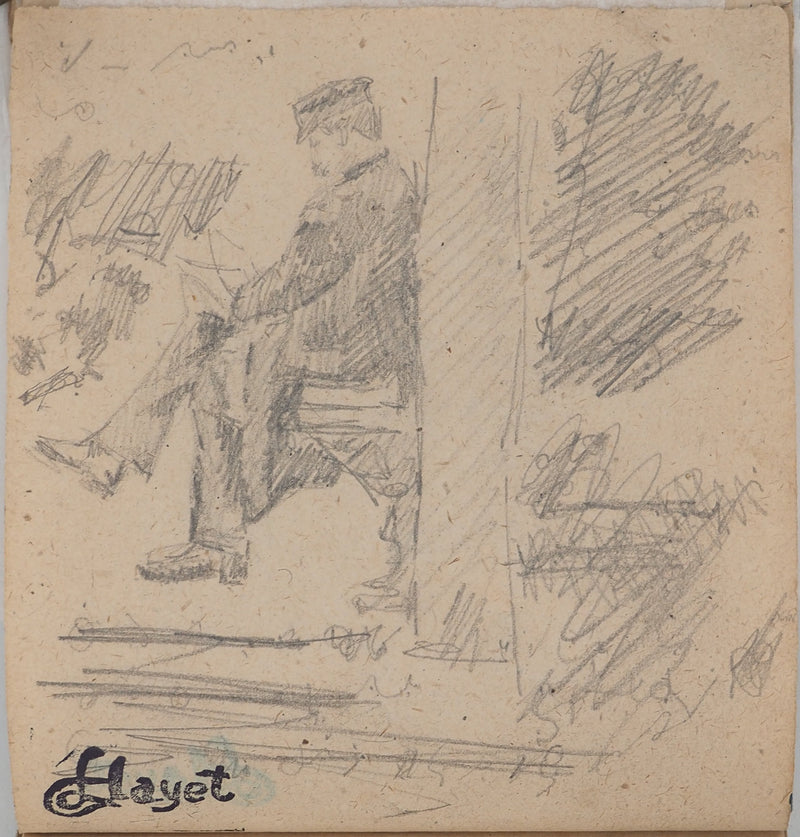 Louis HAYET : Hommes lisant sur un banc, Dessin original (photo de détail 6) - Crédit photo : Galerie Art.Paris