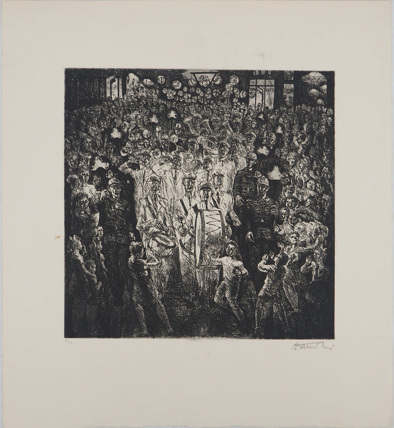 Auguste Jean GAUDIN : Le défilé des pompiers, Gravure originale (vue générale) - Crédit photo : Galerie Art.Paris