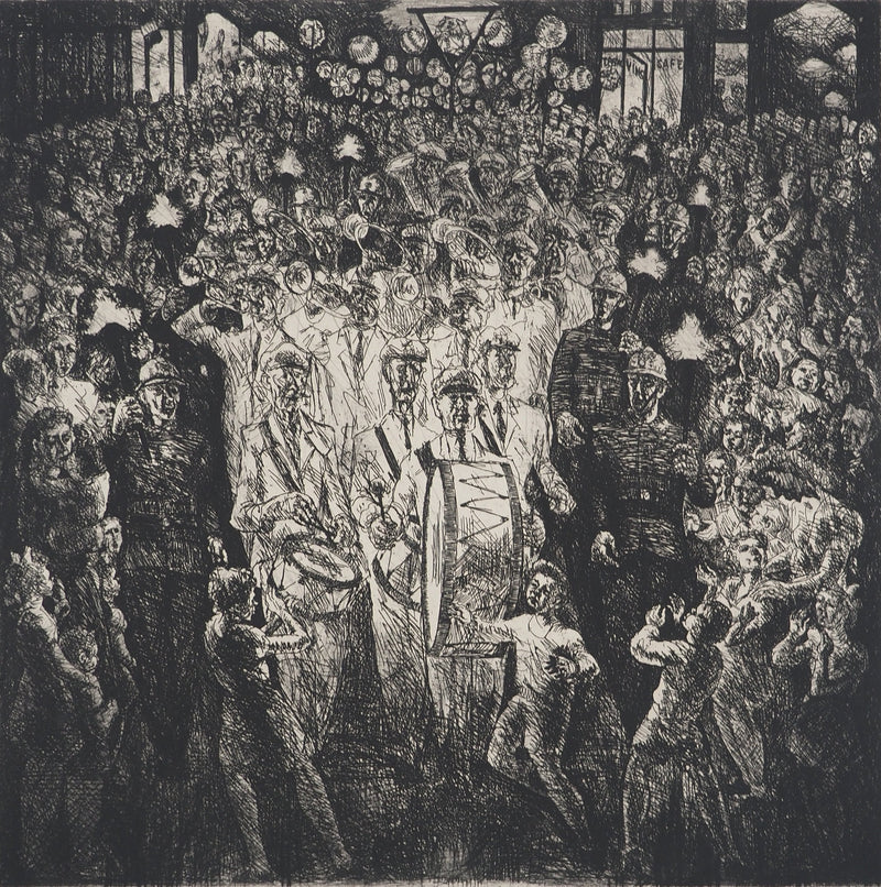 Auguste Jean GAUDIN : Le défilé des pompiers, Gravure originale (photo de détail 3) - Crédit photo : Galerie Art.Paris