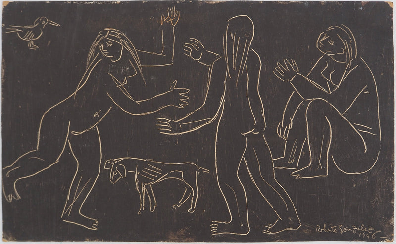 Roberta GONZALEZ : Jeunes filles, oiseau et chien, oeuvre originale (vue générale) - Crédit photo : Galerie Art.Paris