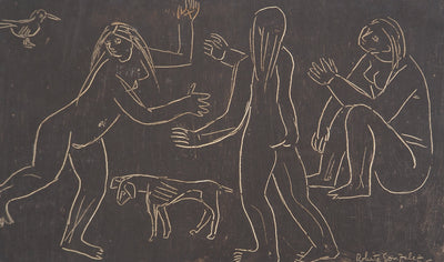 Roberta GONZALEZ : Jeunes filles, oiseau et chien, oeuvre originale (photo de détail 3) - Crédit photo : Galerie Art.Paris