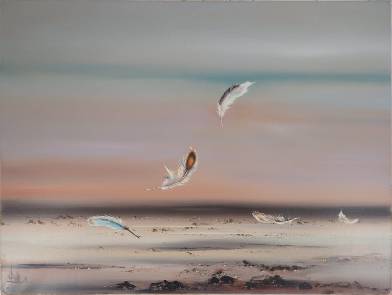 Bernard LOUEDIN : Légèreté, Plumes dans le vent, Tableau original (vue générale) - Crédit photo : Galerie Art.Paris