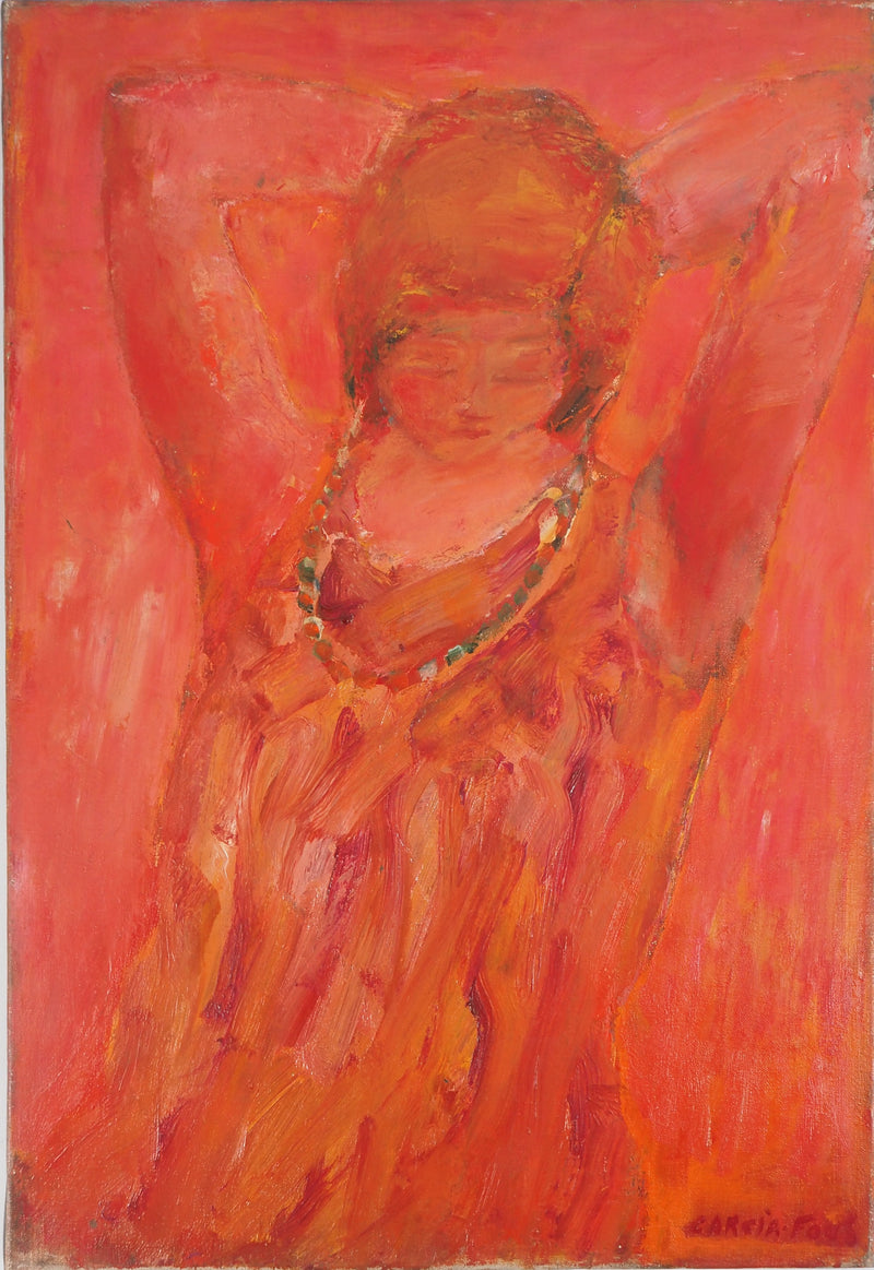 Pierre GARCIA-FONS : Jeune fille rouge au collier, Huile sur toile signée