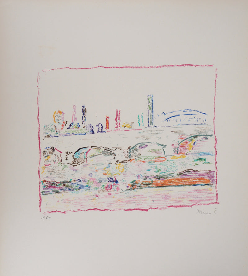 Marko CELEBONOVIC : Le pont des art, Lithographie originale (vue générale) - Crédit photo : Galerie Art.Paris